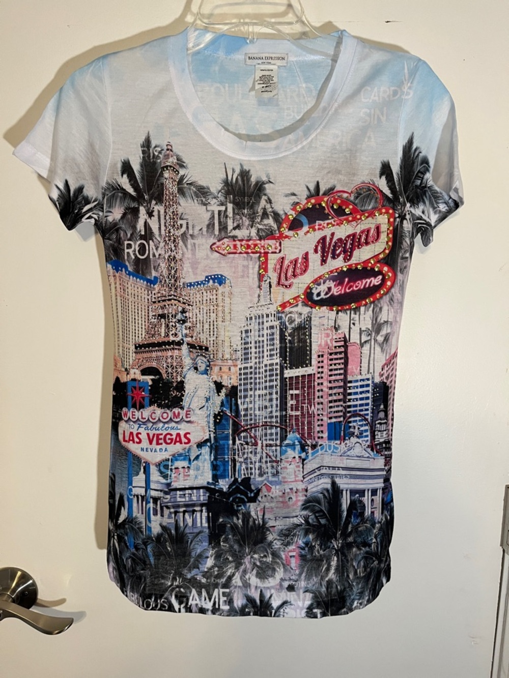 Banana expressions, graphic Las Vegas T-shirt, size medium rhinestone studded